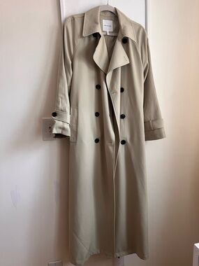 Avec Les Filles Long Beige Trench Coat Size M Double Breasted Classic